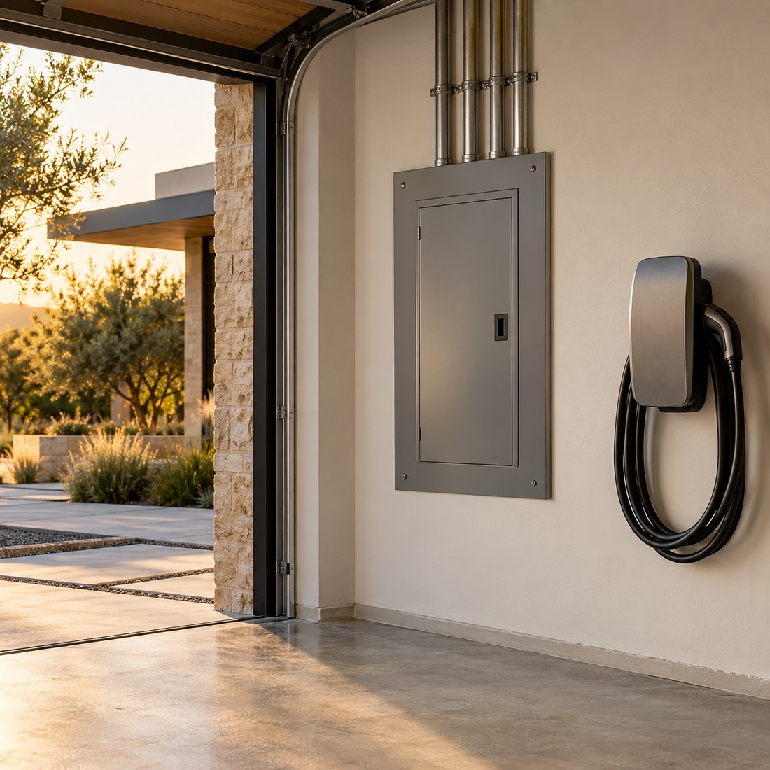 Illustrative luxury residential electrical panel and EV charging installation
